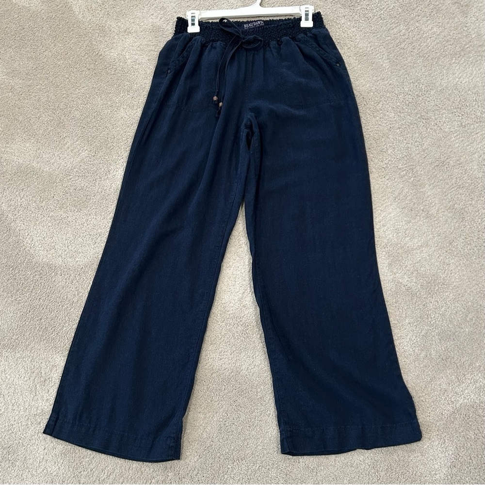 Beau Dawson Wide Leg Navy Blue Linen Blend Pants Women L Pull On Pocket Casual - Picture 1 of 13